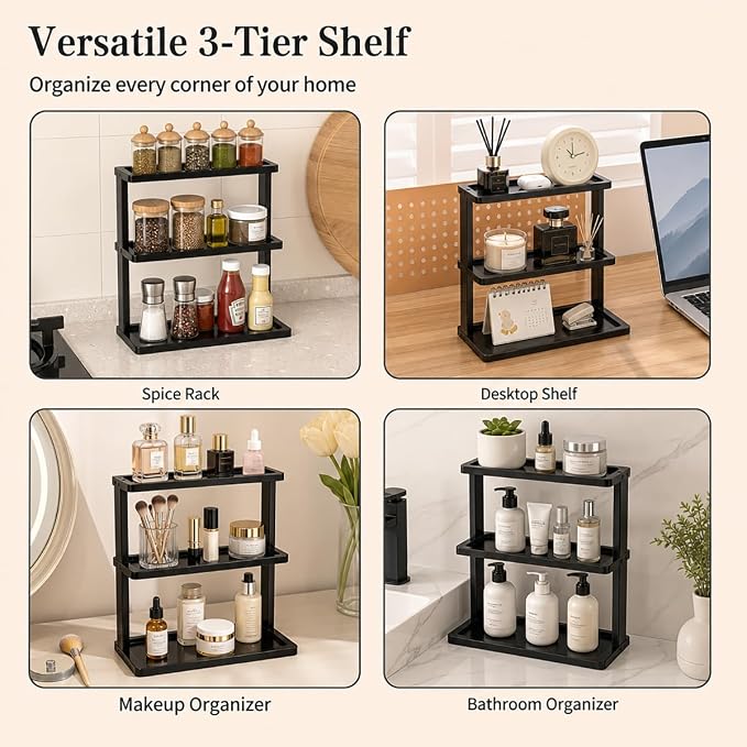 PEKER Bamboo Bathroom Organizer Countertop – Vanity Storage Shelf for Makeup, Perfume, Skincare – Natural Cosmetics Display Rack for Dresser, Sink, Kitchen – Black - Image 7