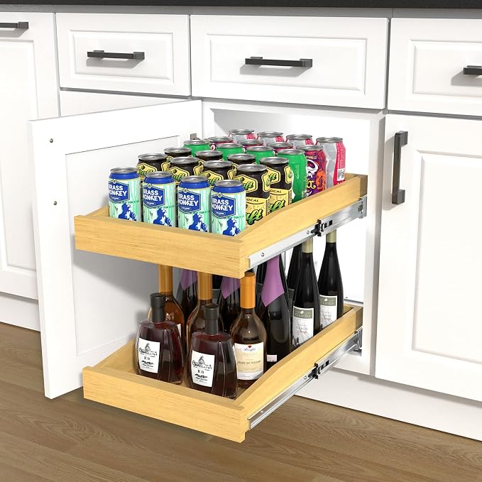 2 Tier Pull Out Cabinet Organizer, 14"W x 21"D Solid Wood Heavy-Duty Base Bottom Assembly Slide out Drawer Shel Cabinet Organization for Kitchen, Pantry, Bathroom - Image 8