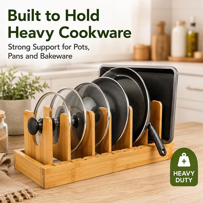 Bamboo Pots and Pans Organizer for Inside Cabinet, Expandable Pot Lid Organizer, Adjustable Kitchen Storage Rack for Lids, Bakeware, Cutting Boards - Image 5