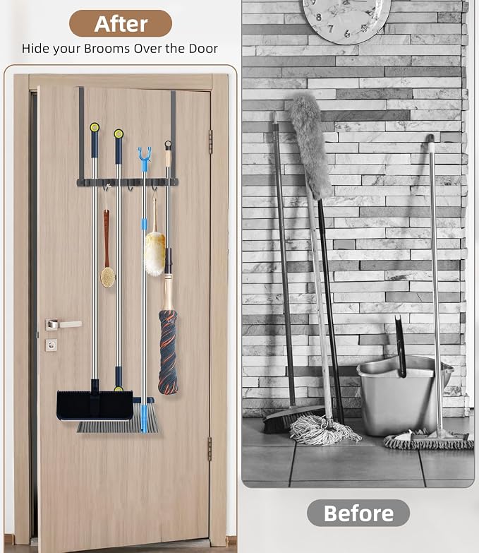 Broom Holder Over The Door with Hooks -304 Stainless Steel (Space grey) | Save Space, Anti-Rust & Sturdy, Mop and Broom Holder Wall Mounted or Hanging Over The Door, for Garage Laundry Kitchen - Image 2