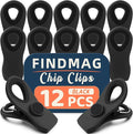 12 Pack Chip Clips, Chip Bag Clips for Kitchen, Black | Kitchen Food and Snack Storage, Fridge, Office and RV Accessories with Magnetic Bag Clips, Airtight Seal Grip by FINDMAG