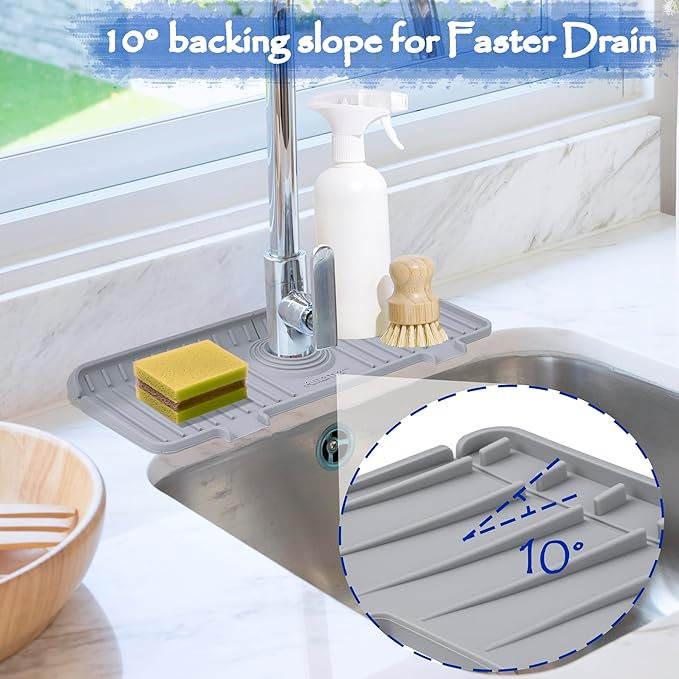 Amerner Kitchen Sink Splash Guard, Silicone Faucet Guard & Draining Mat, 10° Large Slope Sink Faucet Mat Splash Guard, Bathroom Sink Organizer, Kitchen Sink Accessories Gadgets, 14.2” x 5.1”, Gray - Image 3