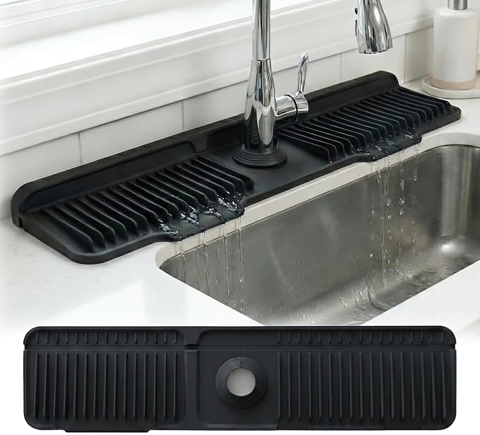 Silicone Faucet Mat for Kitchen Sink, 24" Splash Guard 7° Slope Fast Drain | Adjustable hole cutout for easy install, fits kitchen & bathroom sinks; food-grade silicone, easy to clean, keeps counter dry by Unknown