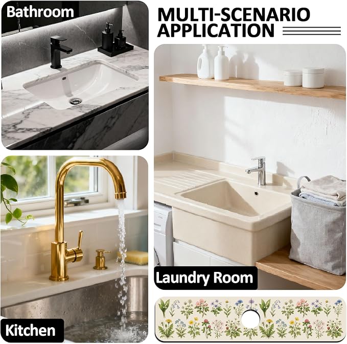 2 Pcs Flowers and Plants Kitchen Sink Splash Guard Faucet Mat for Sinks Absorbing Drying Mats for Kitchen Bathroom, 23.6x5.5inch - Image 7
