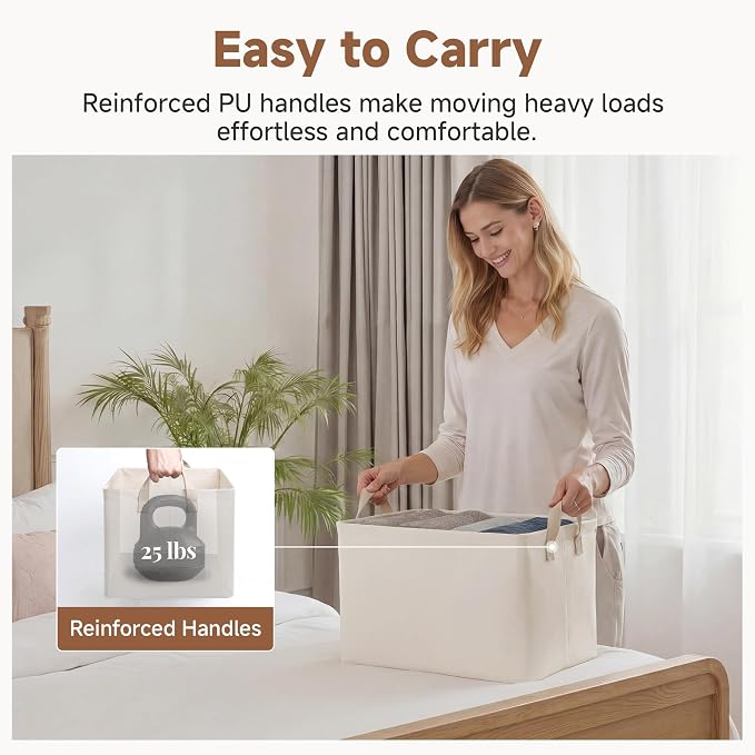 StorageWorks Fabric Storage Bins, Storage Basket for Shelves, Beige, 2-Pack | With PU Handles, Wrinkle-Resistant Cottlyn Fabric, Foldable, For Bedroom, Bathroom, Laundry, Holds Clothes, Towels, Blankets - Image 4