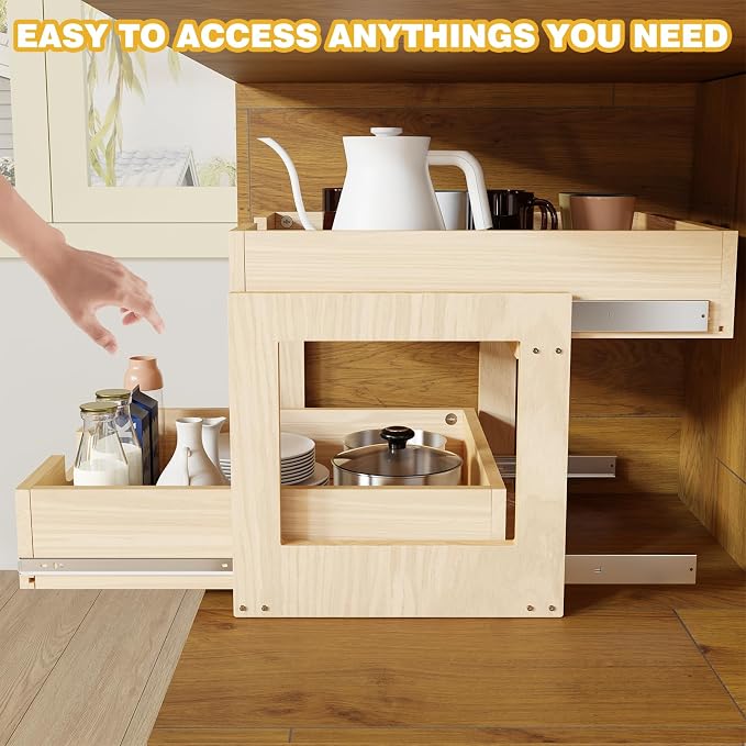 Pull Out Cabinet Organizer, 26''W×21''D×16''H Soft Close Slide Out Wooden Pull out Drawers, Double Tier Slide out Wood Cabinet Organizer, for Base Cabinet Organization in Kitchen, Pantry, Bathroom - Image 6