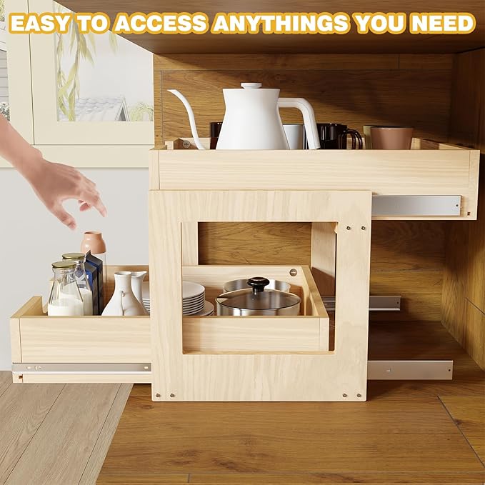 Pull Out Cabinet Organizer, 23''W×21''D×16''H Soft Close Slide Out Wooden Pull out Drawers, Double Tier Slide out Wood Cabinet Organizer, for Base Cabinet Organization in Kitchen, Pantry, Bathroom - Image 6