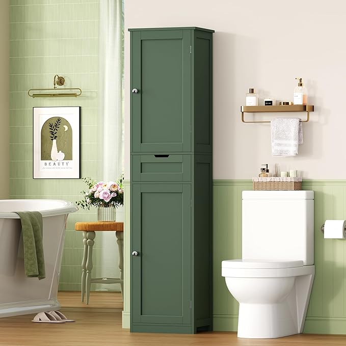 Iwell Tall Bathroom Storage Cabinet with 2 Doors & 1 Drawer, Narrow Storage Cabinet with Adjustable Shelves, for Living Room, Bathroom, Kitchen, Forest Green - Image 2