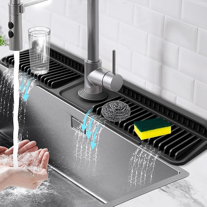 24-Inch Kitchen Sink Splash Guard Mat | 7° Slope for Fast Self-Draining | Snap-Lock Design | Universal & Cuttable Silicone Faucet Mat (Black) by Hugro+Tarfive