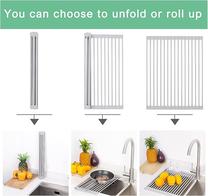 Roll Up Dish Drying Rack Over Sink, 17.5" x 13" Silicone Coated Stainless Steel Sink Drying Rack, Foldable Dish Drainer Rack for Kitchen Counter, Heat Resistant, Non-Slip, Space Saving, Gray - Image 3