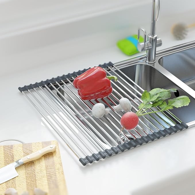 Expandable Roll Up Dish Drying Rack Over The Sink Rack, Large Dish Drainer Rack for Stainless Steel Sinks, Non-Slip Silicone Collapsible Rack 18 Tube for Kitchen, Sliver Gray - Image 4
