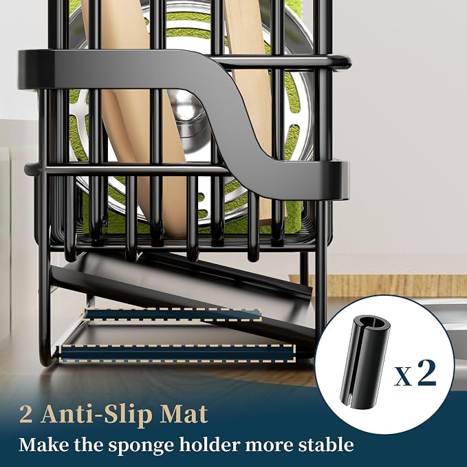 Consumest Sponge Holder for Kitchen Sink - Sink Caddy with Stainless Steel Self Drain Tray, Sink Organizer with High Brush Holder Countertop for Kitchen Sink Accessories, Black-Extra Large - Image 6