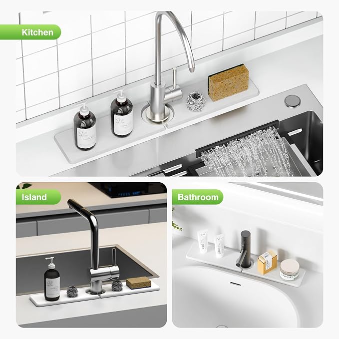 Premium Stone Faucet Mat for Kitchen Sink, 20" x 4" White | Quick Drying & Water Absorbent, Sink Splash Guard Tray for Prevents Moisture Buildup - Image 8