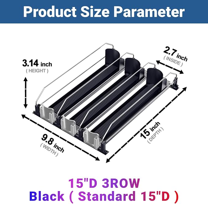 Drink Organizer for Fridge,12oz 16oz 20oz - Soda Can Dispenser for Refrigerator,Width Adjustable,Automatic Pusher Glide (Black, 15" D 3ROW, Holds 15 Cans) - Image 2