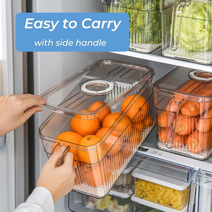 2 Pack Clear Refrigerator Organizers and Storage, Plastic Fridge Organizer Bins with Handle and Removable Drain Tray, Multi-Use Organizer Bins for Kitchen, Cabinets, Fridge, Drinks, Vegetable - Image 3