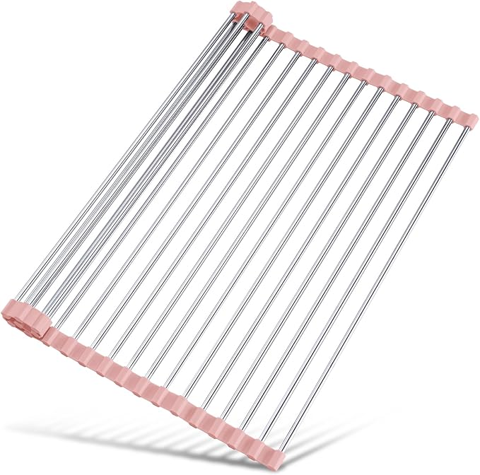 Tomorotec Roll Up Dish Drying Rack Over Sink, 304 Steel, 17.7x12.5, Pink | Anti-Slip Silicone Rims For Grip, Heat-Resistant Trivet Mat Holding Heavy Cookware, Rustproof Kitchen Counter Space Saver by Tomorotec