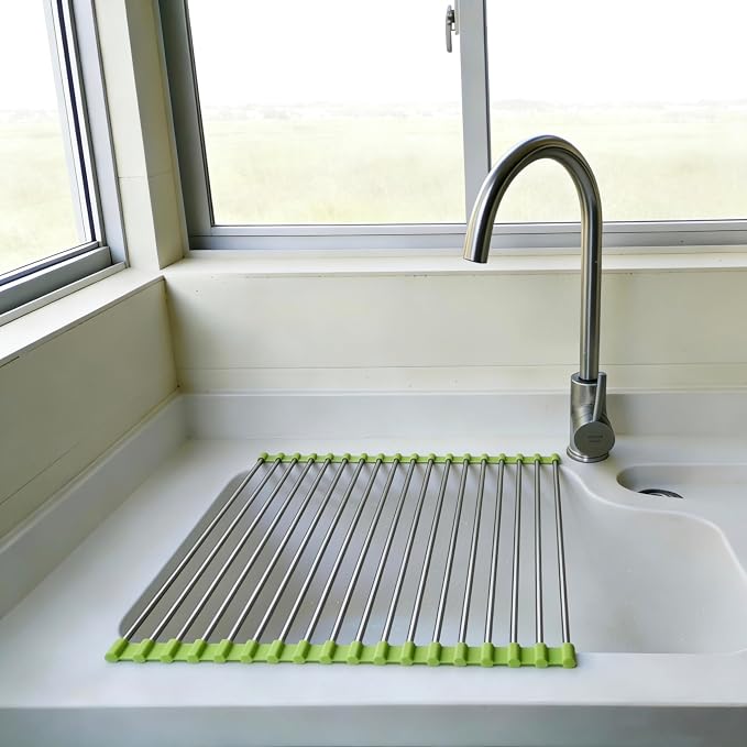 Roll Up Dish Drying Rack, Stainless Steel and Silicone Dish Drying Mat Over The Sink Foldable Drain Rack Multipurpose Dish Drainer for Kitchen, 14.5” x 14”, Green - Image 2