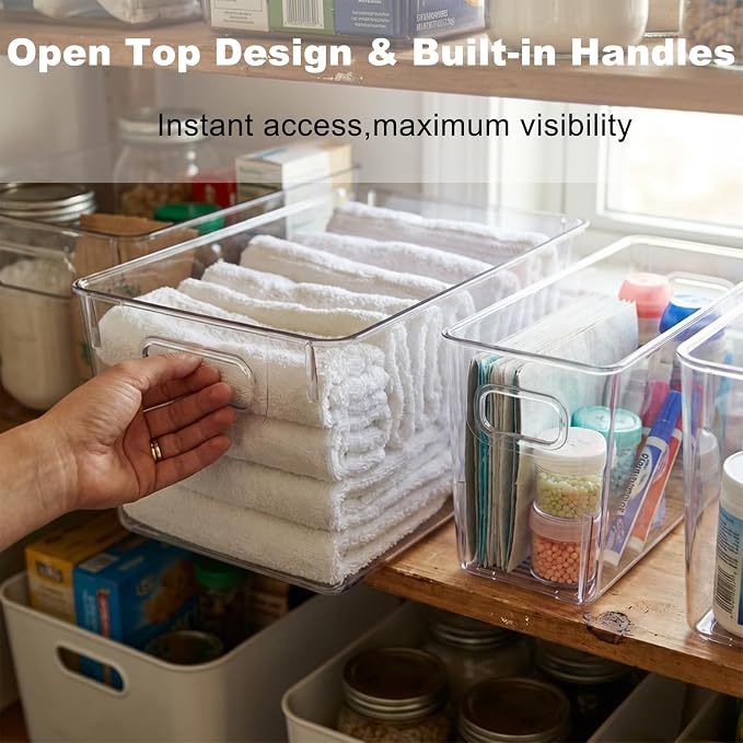 MOONEDGE 10 Pack Clear Plastic Storage Organizer Bins, 4 Large & 6 Narrow | Under-Sink Storage Containers, Kitchen, Pantry, Bathroom, Cabinet Organization, Clear Bins for Organizing, Deep Narrow Bins - Image 7