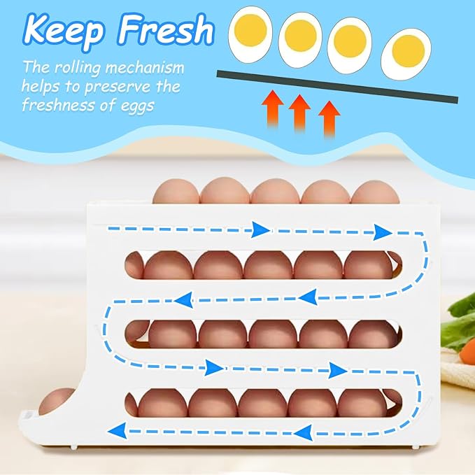 Egg Holder for Fridge, 4 Tiers Dispenser, 30 Egg Container Refrigerator, Large Capacity Organizer Automatic Fridge Rolling Egg Container for Pantry Countertop (White) - Image 3