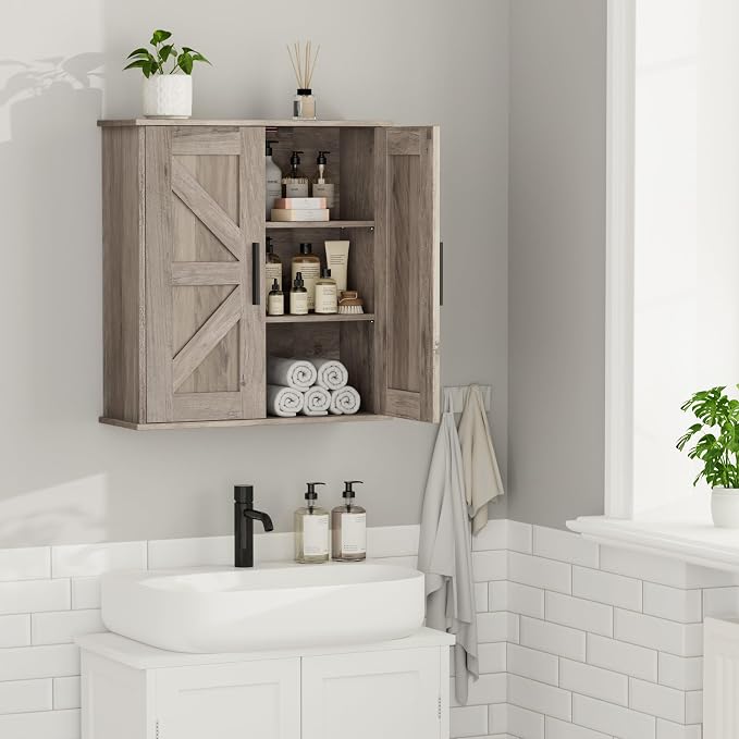 Homleke Bathroom Wall Cabinet, Medicine Cabinet with Adjustable Shelves | 3-Tier Wall Mounted Over Toilet Storage with Barn Doors, for Bathroom, Kitchen, Entryway, Laundry Room, Greige, (7.9" D) - Image 7