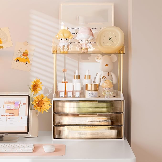 Delamu 5-Tier Makeup Organizer, Bathroom Counter Storage, 3 Drawers, Amber | Elegant Vanity Organizer Gift for Women, Holds Perfume, Skincare, Nail Polish & Hair Accessories for Bathroom Countertop - Image 8