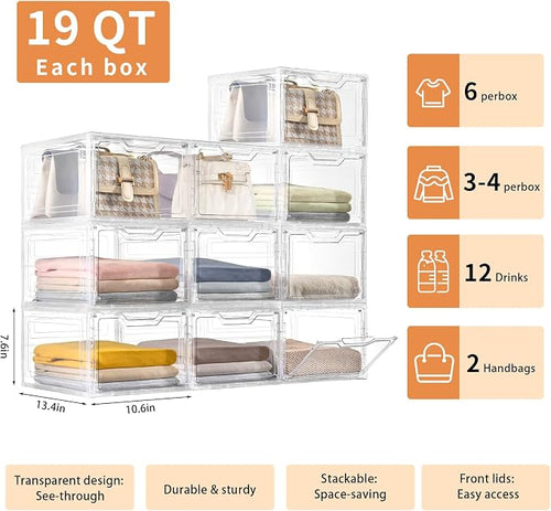 10 Pack Clear Storage Bins with Lids, 19 Qt Closet Organizers and Storage | Stackable, Magnetic Doors, Clothes Organizers and Storage, Purse Organizer, Craft Containers - Image 2