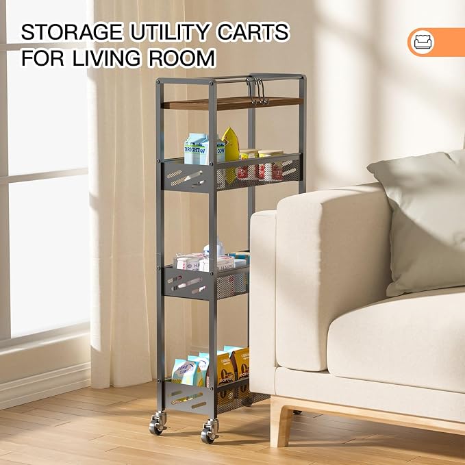 DGSNADGO Slim Rolling Storage Cart, 4-Tier Narrow Kitchen Cart with Wheels | Metal Mobile Snack Shelving, Rolling Spice Rack for Small Space in Kitchen, Living Room, Bathroom, Rustic Brown and Black - Image 7
