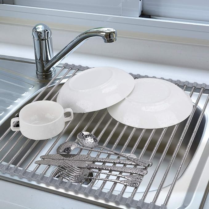 Hhyn Roll Up Dish Drying Rack Over The Sink 17.7"(L) x 15.6"(W), Gray | Multipurpose Foldable Stainless Steel Kitchen Rollable Drainer Rack - Image 2