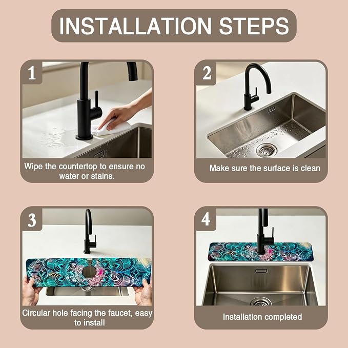 Kitchen Faucet Mat Galaxy Mandala Geometric Star Field Sink Splash Guard Behind Faucet Draining Mat Kitchen Accessories Non-slip Easy to Clean for Bathroom & Kitchen 24"X5.5" - Image 4