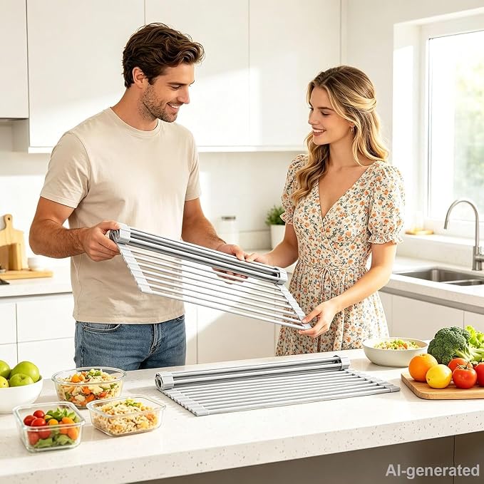 Ahyuan Large Roll up Dish Drying Rack Silicone Foldable Rack Over Sink Dishes Drainer Roll-up Sink Drying Racks Full Silicone Coated Stainless Still Dish Drying Rack (Warm Grey, 17.7''X13.13'') - Image 6