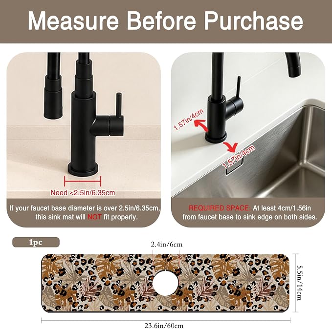 Kitchen Faucet Mat Brown Tropical Palm Leaf Sink Splash Guard Behind Faucet Draining Mat Kitchen Accessories Non-slip Easy to Clean for Bathroom & Kitchen 24"X5.5" - Image 2