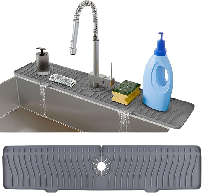 24 Inch Longer Faucet Mat for Kitchen Sink, Silicone Sink Faucet Mat Splash Guard 5° Slope Premium Kitchen Sink Splash Faucet Guard, Fast Self-Draining Mat (gray) by AAROO