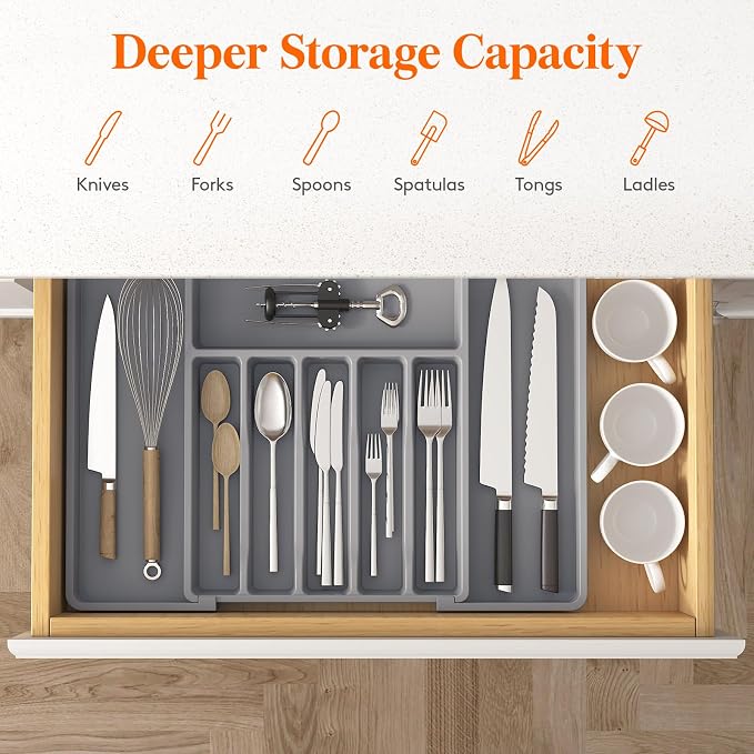 Lifewit Extra Large Silverware Drawer Organizer, Expandable Utensil Tray | BPA Free Flatware Cutlery Holder for Kitchen, Adjustable Plastic Storage for Spoons Forks Knives, 13-22.4 x 16.7", Gray - Image 4