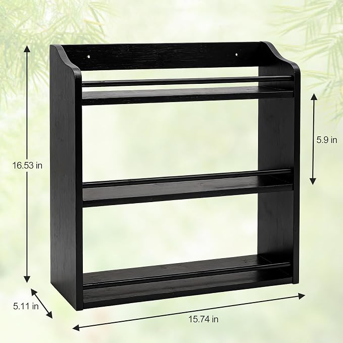 3 Tier Bamboo Spice Rack Wall Mount or Countertop,Spice Organizer | Seasoning Jars Rack Spice Shelf Organizer for Kitchen Counter or Wall Mounting (Black) - Image 2