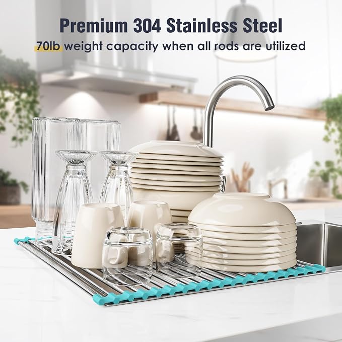 Tomorotec Roll Up Dish Drying Rack Over Sink, 304 Steel, 21x15.5, Green | Anti-Slip Silicone Rims For Grip, Heat-Resistant Trivet Mat Holding Heavy Cookware, Rustproof Kitchen Counter Space Saver - Image 5