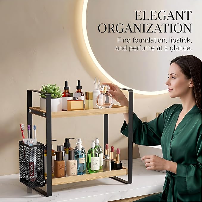 2-Tier Wood Bathroom Counter Organizer with Basket,Waterproof Vanity Perfume Skincare Storage for Bathroom, Kitchen, Dresser - Image 5