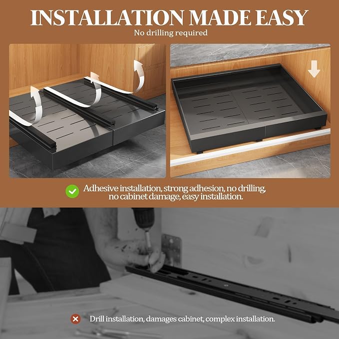 Seinloes 4 Pack Expandable Pull Out Cabinet Organizer 21"Deep With Raising Pad for Framed Cabinets,Upgrade 3 Slide Rails Slide Out Drawers,No Drill Roll Out Shelves,Adjustable Width 15.1"-26.3" Black - Image 7