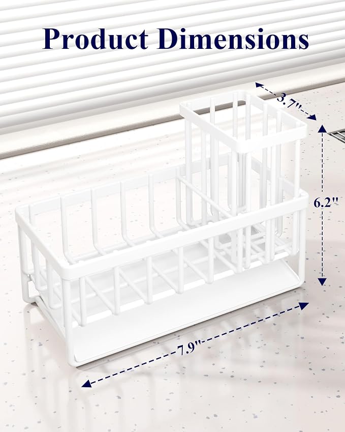 Kitsure Sponge Holder for Kitchen Sink, 7.9"x3.7"x6.2", White | Kitchen Sink Caddy, Home Decor Accessories, Stainless Steel, High Brush Holder - Image 2