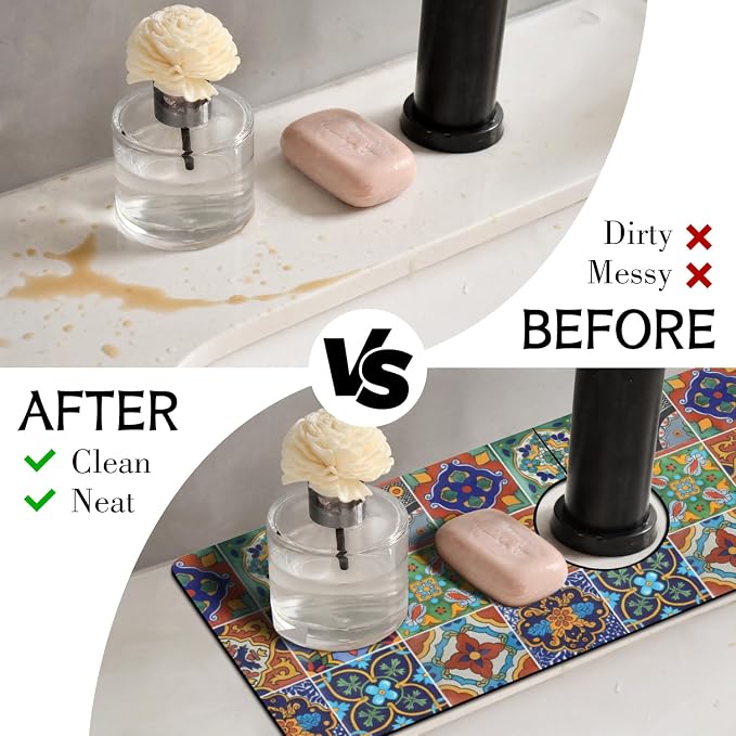 Mexican Ceramic Tile Kitchen Sink Splash Guard Faucet Mat,Faucet Non-slip Absorbent Mat,Farmhouse Sink Splash Guard Behind Faucet for Kitchen Bathroom, 15"x5.5" - Image 3