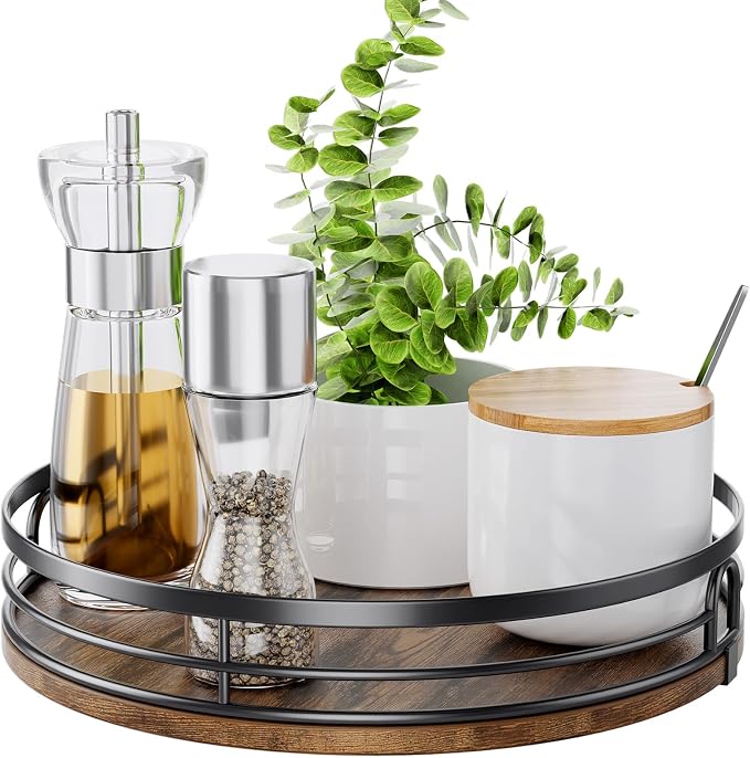 LAMU 9'' Lazy Susan Turntable Organizer for Cabinet, Round Wood Lazy Susan for Table Top, Kitchen, Countertop, Pantry, Spice, Bathroom Vanity, Coffee, Farmhouse Decor by YourHome-OrganizationHelper