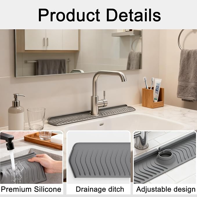 30 Inch Silicone Kitchen Sink Faucet Mat, Adjustable Waterproof Splash Guard Draining Mat Keep Countertops Dry (White) - Image 6
