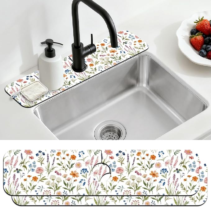 2 Pcs Kitchen Sink Splash Guard Faucet Mat Watercolor Plants Faucet Mat for Sinks Flowers Pattern Absorbing Drying Mats for Kitchen Bathroom, 23.6x5.5inch by CONCHLERY%E6%97%97%E8%88%B0%E5%BA%97