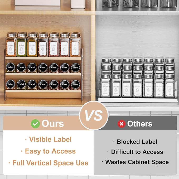 MUDEELA 3 Tiered Spice Rack Organizer for Cabinet, (No Jars Included) | Clear Vertical Spice Shelf, Wooden Seasoning Organizer for Countertop, Kitchen, Pantry, Freestanding, 13.3" W × 11.2" H - Image 6