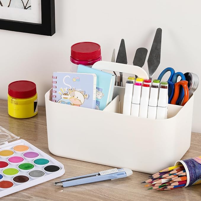 Multiuse Caddy Organizer with Handle, Portable Divided Plastic Tote Bin - Art Craft, Stationary Pen Marker Crayons, Makeup Hair Supplies Storage - Bathroom, Classroom, Dorm, Office, Desk Holder -White - Image 4