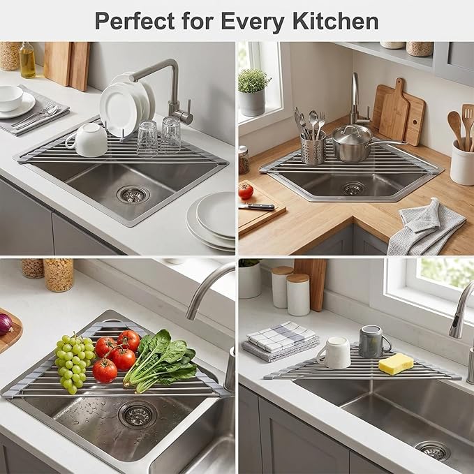 Triangle Sink Corner Dish Drying Rack, Gray Foldable Roll Up Dish Drainer, Multipurpose Kitchen Counter Storage Organizer Drainer Mat - Image 6