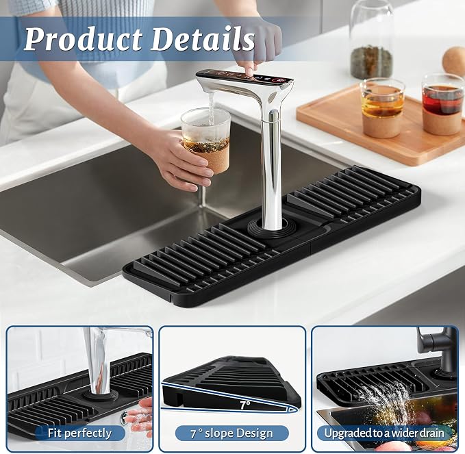 PoYang 17.7 Inch Faucet Mat for Kitchen Sink Splash Guard, Silicone, Black | Sink Protectors with 7° Slope for Smooth Drainage, Snap Button Holds It in Place, 90° Foldable & Cuttable Hole Fit Most Sinks - Image 8