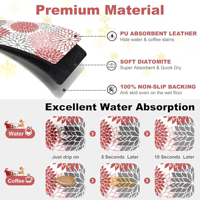 Findosom 2PCS 12" x 20" Christmas Dish Drying Mat & 24" x 5.5" Sink Splash Guard, Super Absorbent & Cuttable Dish Mat Drying Kitchen Mat with Red Floral, Hide Stain Drying Mat for Kitchen Counter - Image 5