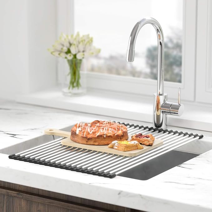SunCleanse Roll Up Dish Drying Rack, Over The Sink Dish Drying Rack Kitchen Rolling Dish Drainer, Foldable Sink Rack Mat for Kitchen Sink Counter (17.8"x11.8") | Kitchen counter mat, rolling design, stainless steel, multipurpose, space-saving and stable - Image 5