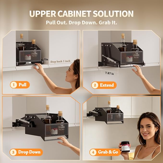 HOUSE AGAIN Pull-Down Cabinet Organizer for High/Deep Cabinets, Drop Down Spice Rack, 12.6" Out & 1.8" Down, 1 Tier, Dual Install (Screw/3M Tape), Fits Frameless, for Spices, Snacks and Small Bottles - Image 6