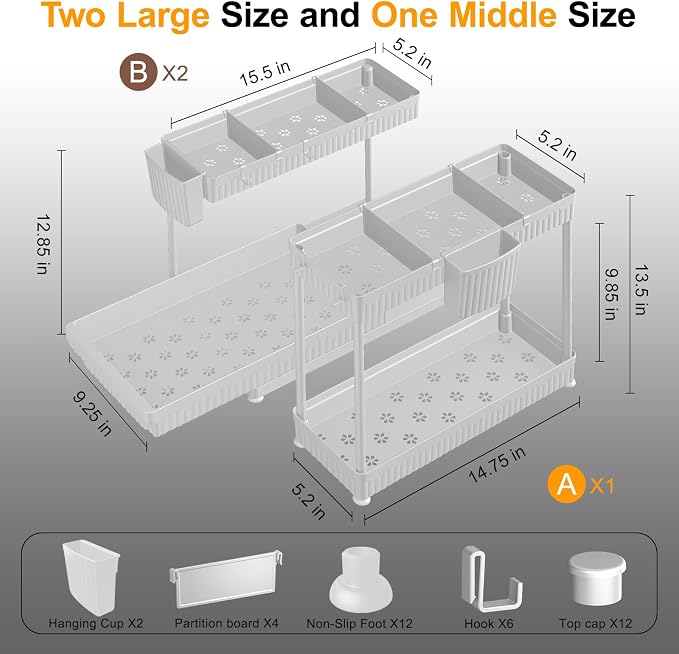 3-Pack 2-Tier L-Shaped Under Sink Organizers with Sliding Drawers | Multi-use kitchen & bathroom storage, 12.85 inch white cabinet organizer, space-saving sliding drawer design. - Image 5